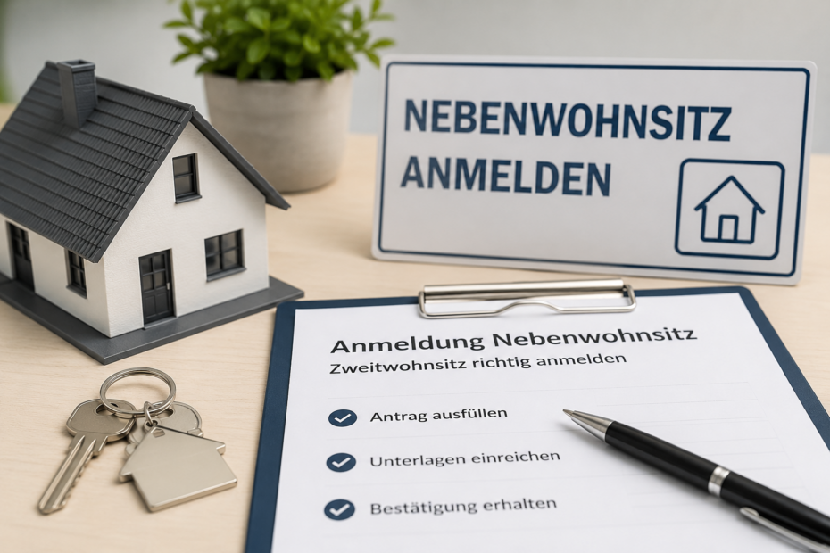 Nebenwohnsitz anmelden mit Hausmodell, Schlüsseln und Anmeldeformular