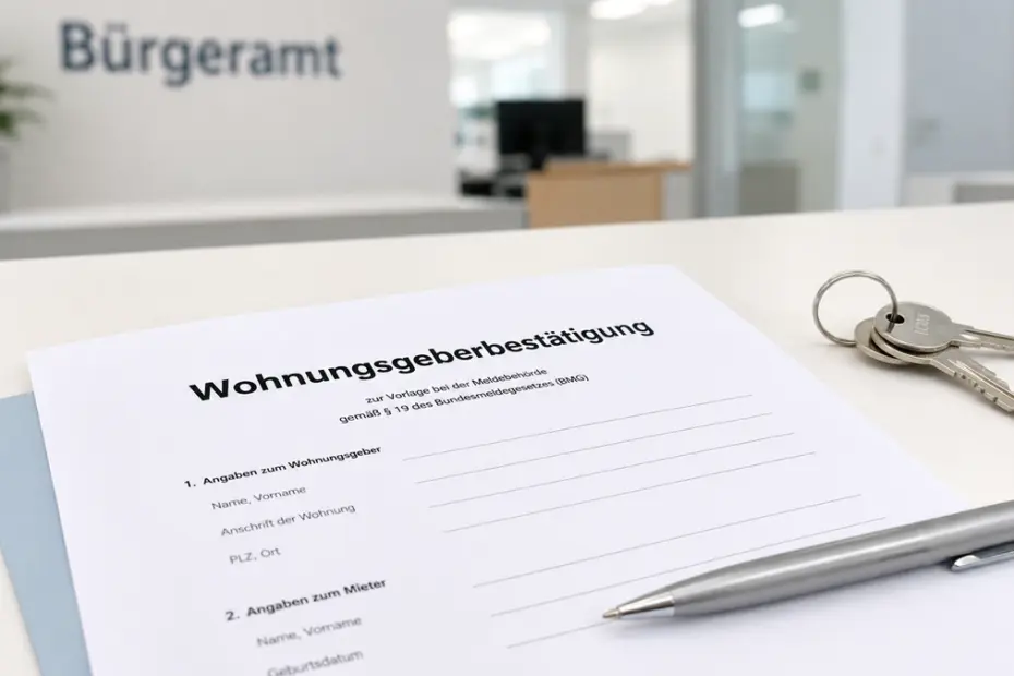 Wohnungsgeberbestätigung mit Formular, Stift und Schlüsseln im Bürgeramt