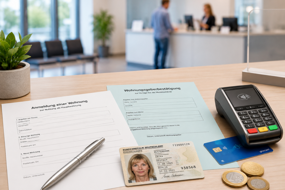 Wohnsitz ummelden Kosten: Formulare, Personalausweis und Kartenzahlung im Bürgeramt.