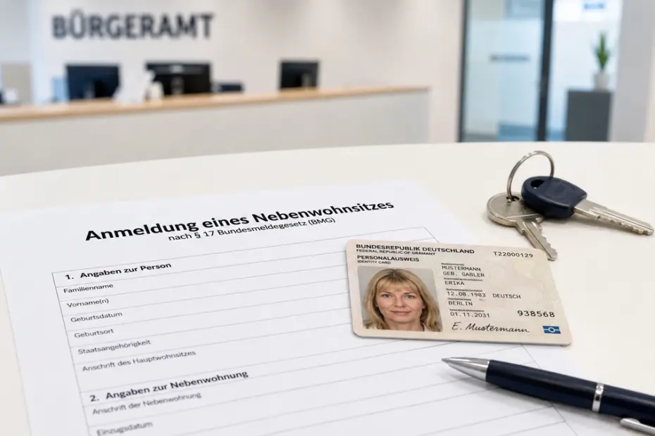 Nebenwohnsitz anmelden mit Anmeldeformular, Personalausweis und Wohnungsunterlagen im Bürgeramt