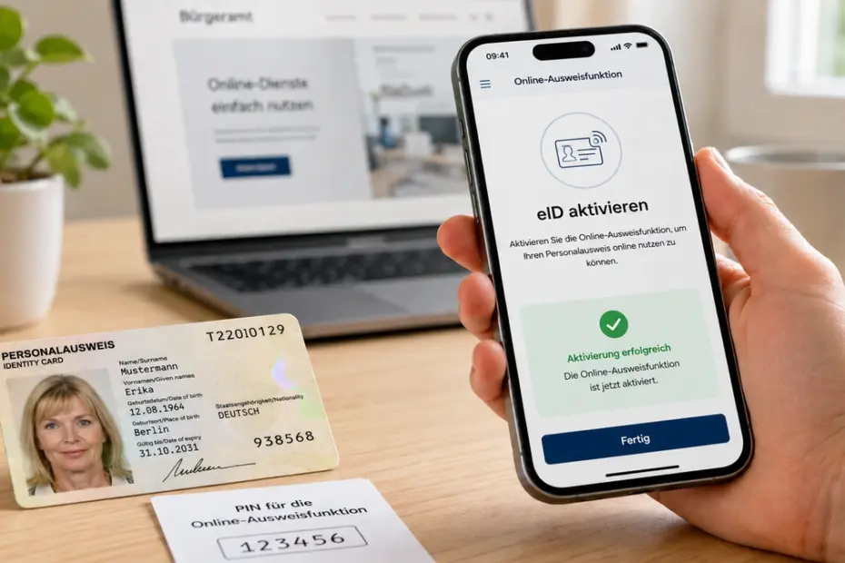 online-ausweisfunktion-aktivieren-eid, Laptop, Personalausweis und ein Handy