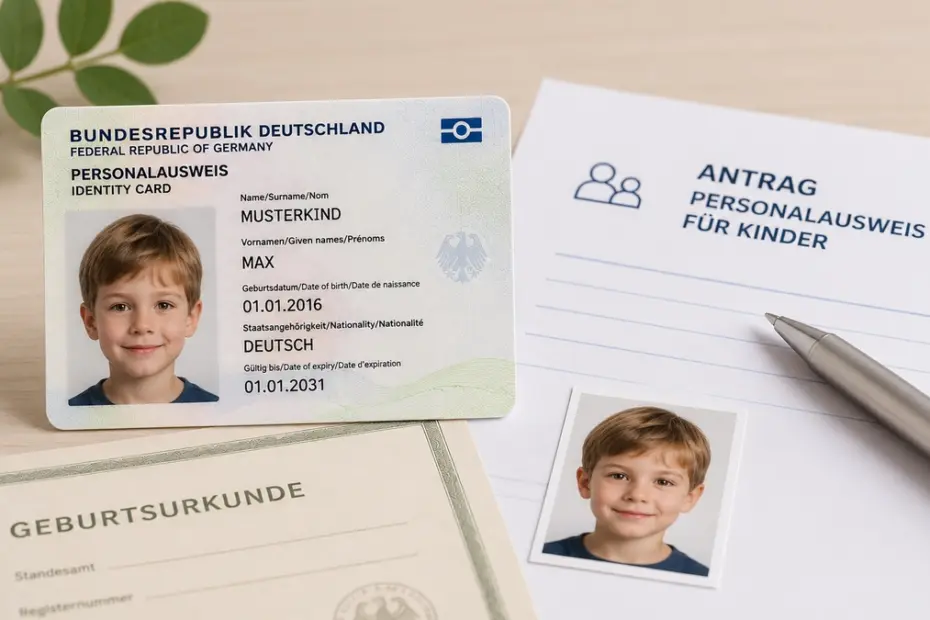 Personalausweis für Kinder mit deutscher und englischer Beschriftung, Antragsformular und Geburtsurkunde