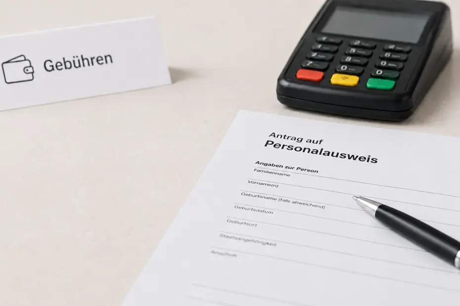 Personalausweis Kosten mit Antragsformular, Gebührenhinweis und Kartenzahlung ohne Betragsangabe