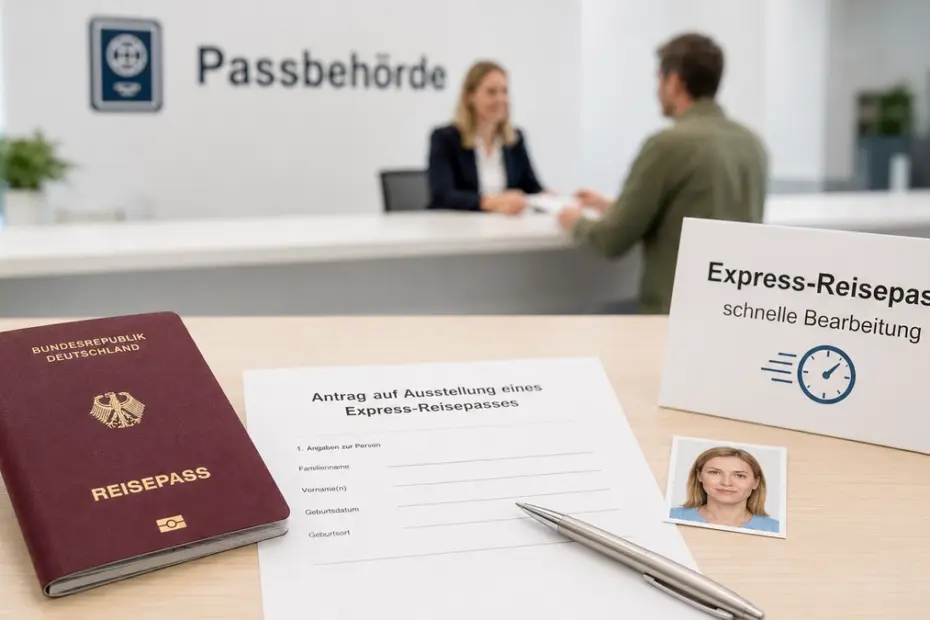 Express-Reisepass beantragen mit Reisepass, Antragsformular, Passfoto und Hinweis auf schnelle Bearbeitung
