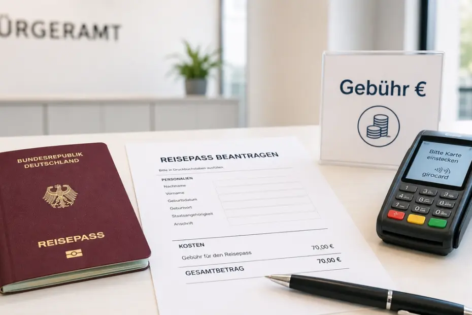 Reisepass Kosten mit Reisepass, Gebührenhinweis und Kartenzahlung im Bürgeramt
