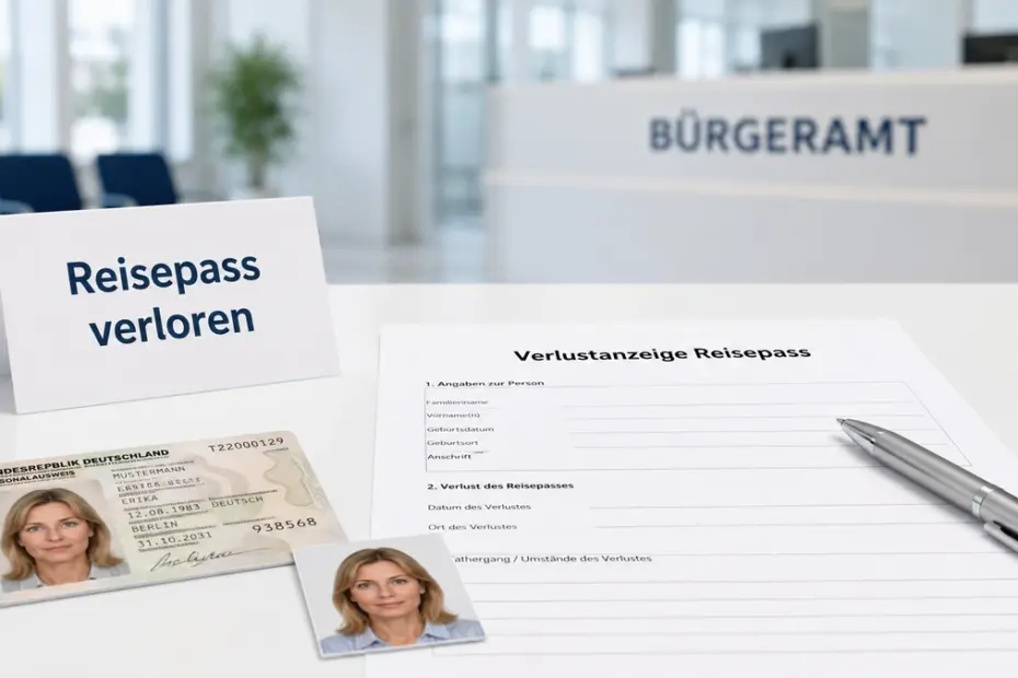 Reisepass verloren mit Verlustanzeige, Ausweisdokument und Passfoto im Bürgeramt