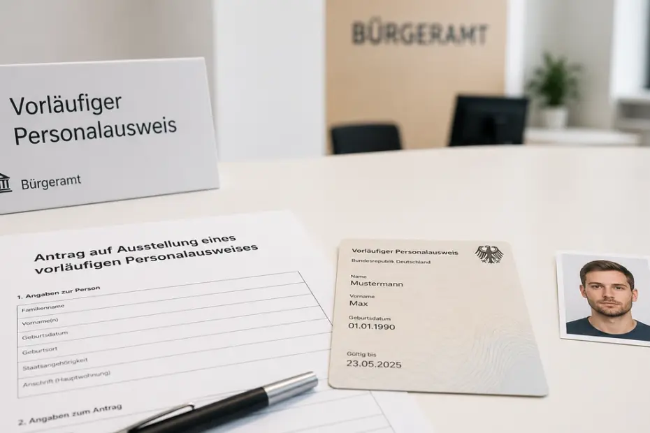 Vorläufiger Personalausweis mit Antragsformular und Passfoto im Bürgeramt