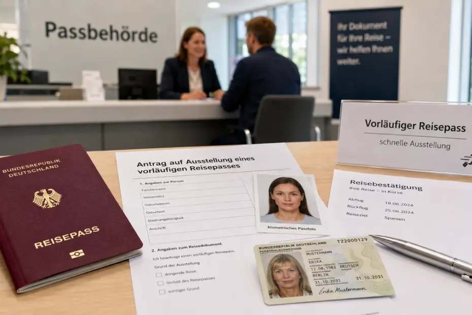 Vorläufiger Reisepass beantragen mit Antrag, Passfoto und Reisedokumenten in der Passbehörde