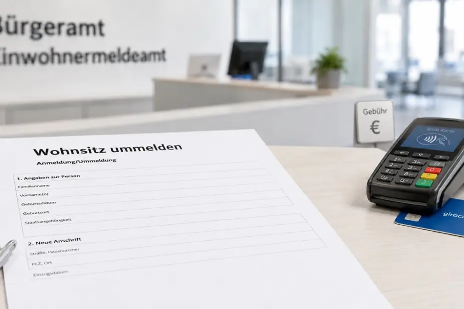 Wohnsitz ummelden Kosten mit Ummeldeformular, Kartenzahlung und Gebührenhinweis im Bürgeramt