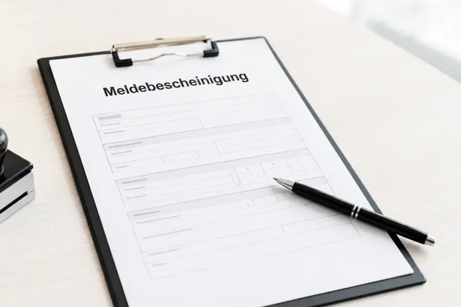 Meldebescheinigung als Formular auf Klemmbrett mit Stempel und Kugelschreiber